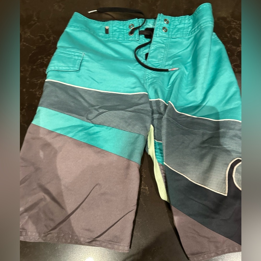 QUIKSILVER Boys Size 23 Blue Grey & Black Swim Trunks